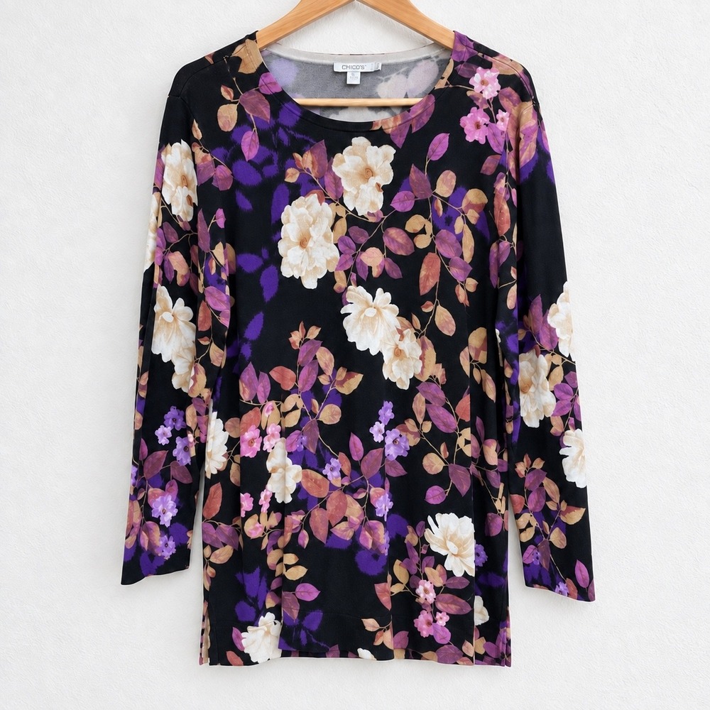 Chicos Floral Knit Fall Top Size 3 XL Black Purple Cream Long Sleeve Side Slit